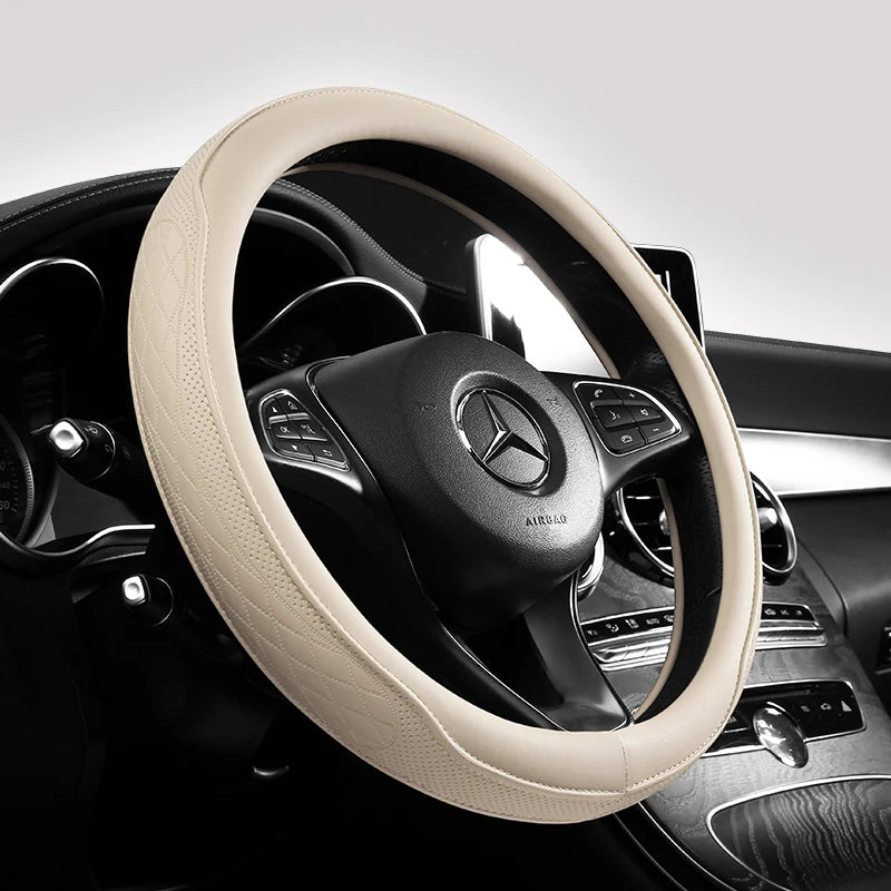 Napa Leather Perforated Patchwork Car Steering Wheel Cover, Non-slip, Breathable, Universal 15 Inch (Approx. 38cm)