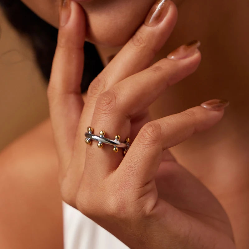 Punk Beads Finger Rings For Women PVD 18K Gold Plated Anti-fading Ring Simple Minimalist Fashion Jewelry OEM/ODM Supplier