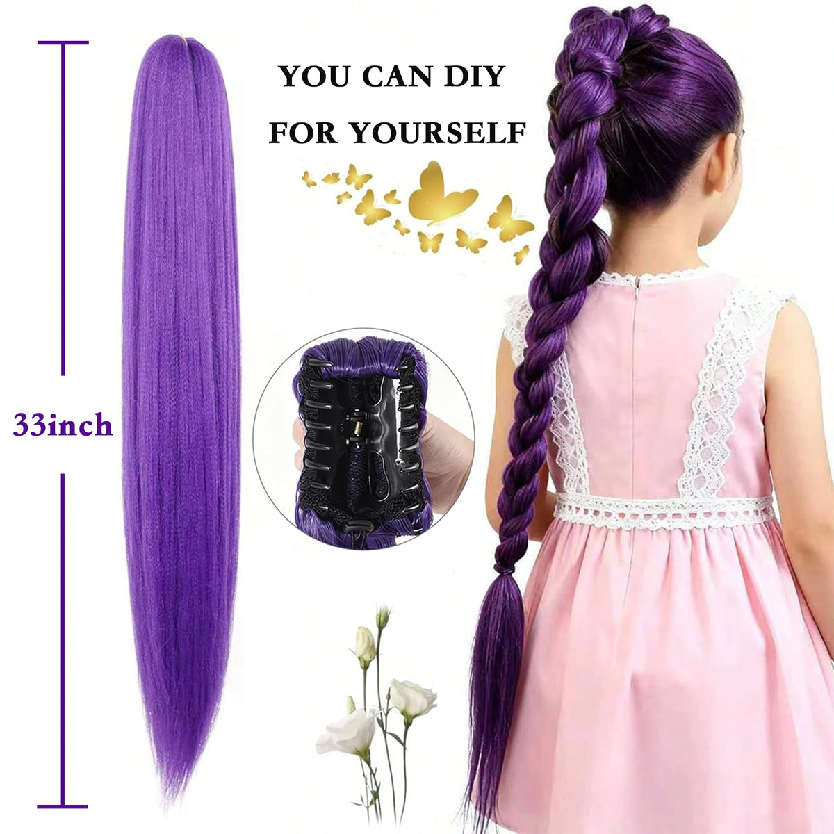 Rumi Purple Braids Cosplay Hair Extensions 26Inch Synthetic Braiding Hair Easy Clip in Ponytail for Cosplay Halloween Costume