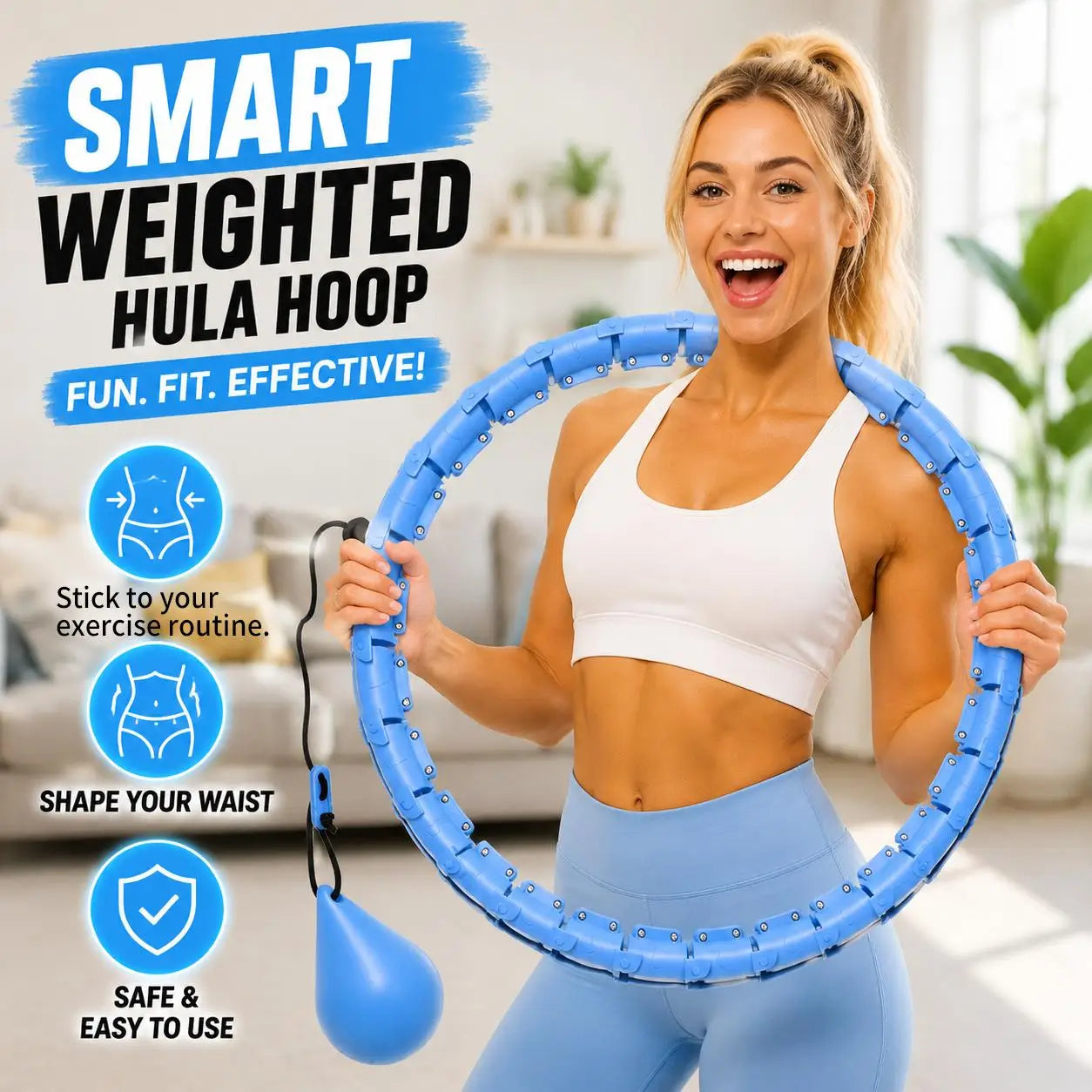 Smart Weighted Fitness Hoop 24 Detachable Links Adjustable Plus Size 47-Inch Slimming Ring Waist Trainer Auto-Spinning Massage Circle for Adults Women Beginners Weight Loss Fat Burning Home Gym Workout Equipment