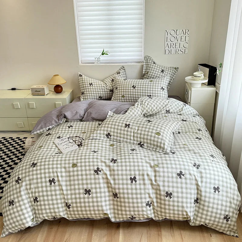 Korean Ins Pink Plaid Duvet Cover Set Queen King Bowknot Print Bedding Set Skin Friendly Soft Comforter Cover Sheets Pillowcases