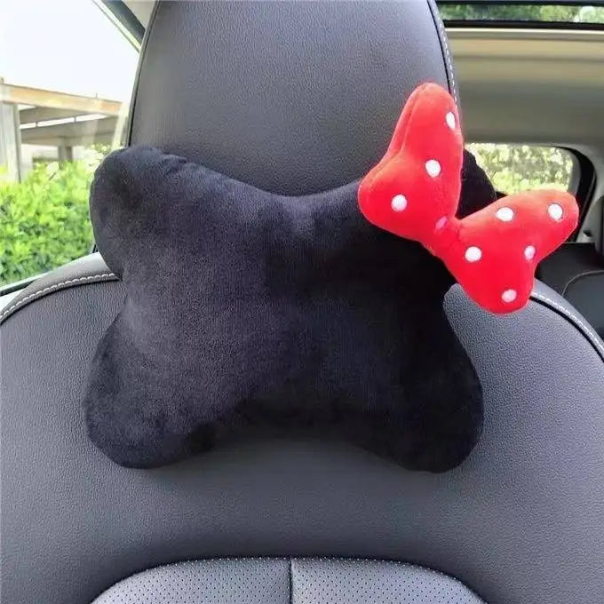 Comfortable Soft Pink Plush Car Headrest Lumbar Support Cartoon Bowknot Car Waist Neck Pillow Car Interior Decoration For Winter