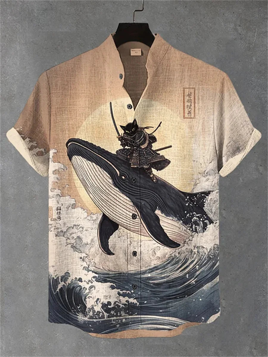 Men's short-sleeved shirt with a fun cat print, stand-up collar, single-breasted casual style. Hawaiian shirt, men's unique top.