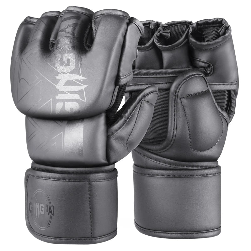 GINGPAI Half Finger Boxing Gloves PU Leather MMA Fighting Kick Boxing Gloves Karate Muay Thai Training Workout Gloves Men