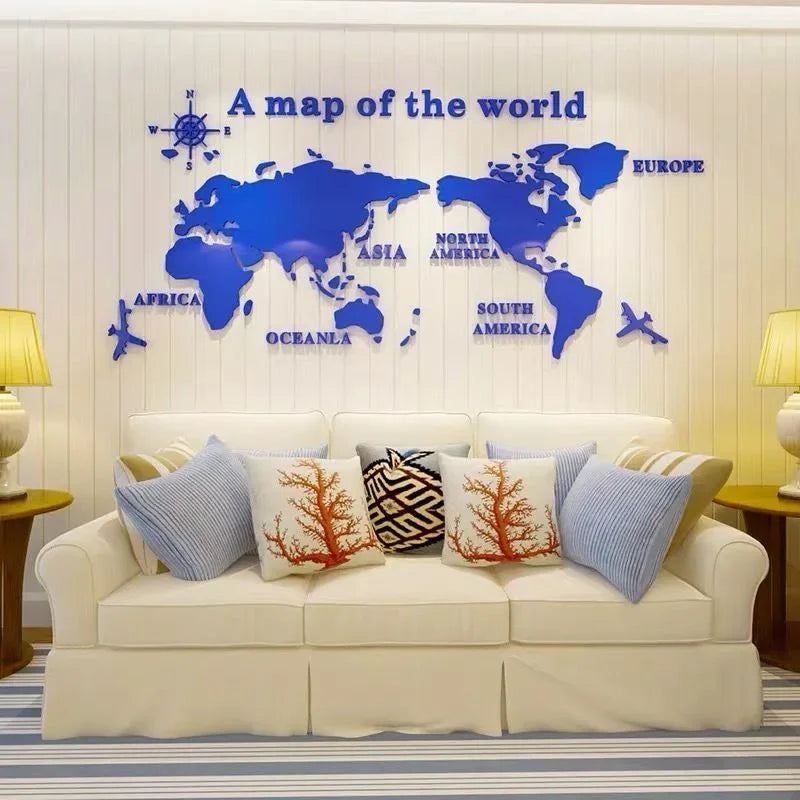 1Pc World Map Wall Stickers Acrylic Creative 3D TV backdrop Wallpaper Decoration Home Living Room Office Interior Decorative