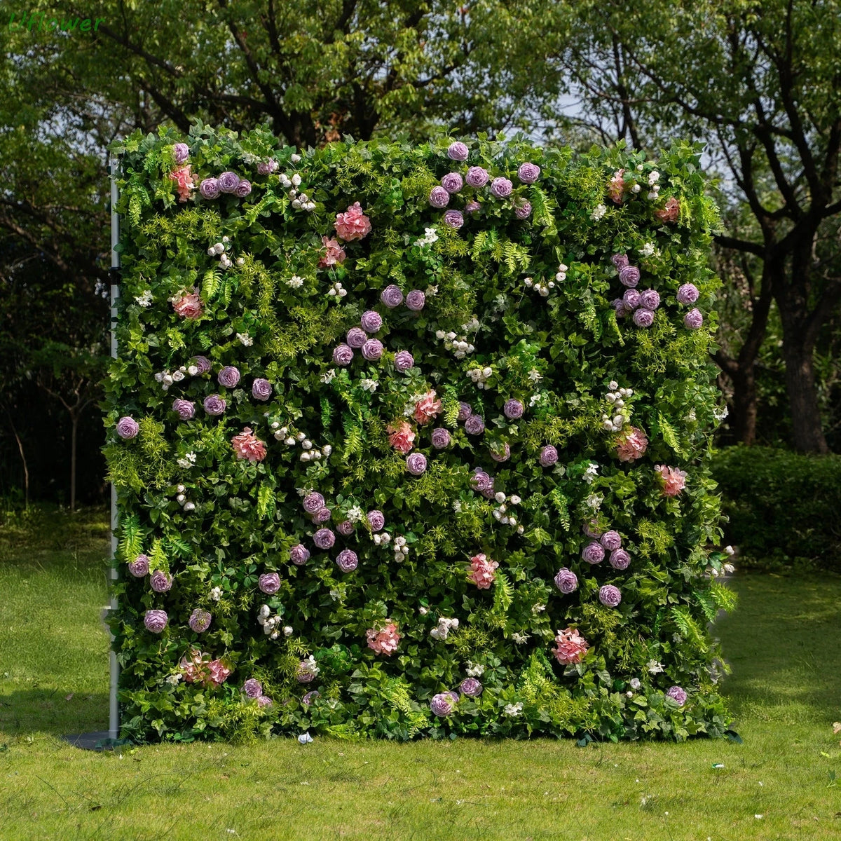 Uflower Artificial Flower Wall Roll-Up with Green Leaves Fabric Floral Backdrop for Wedding Event Party Decorations Curtain