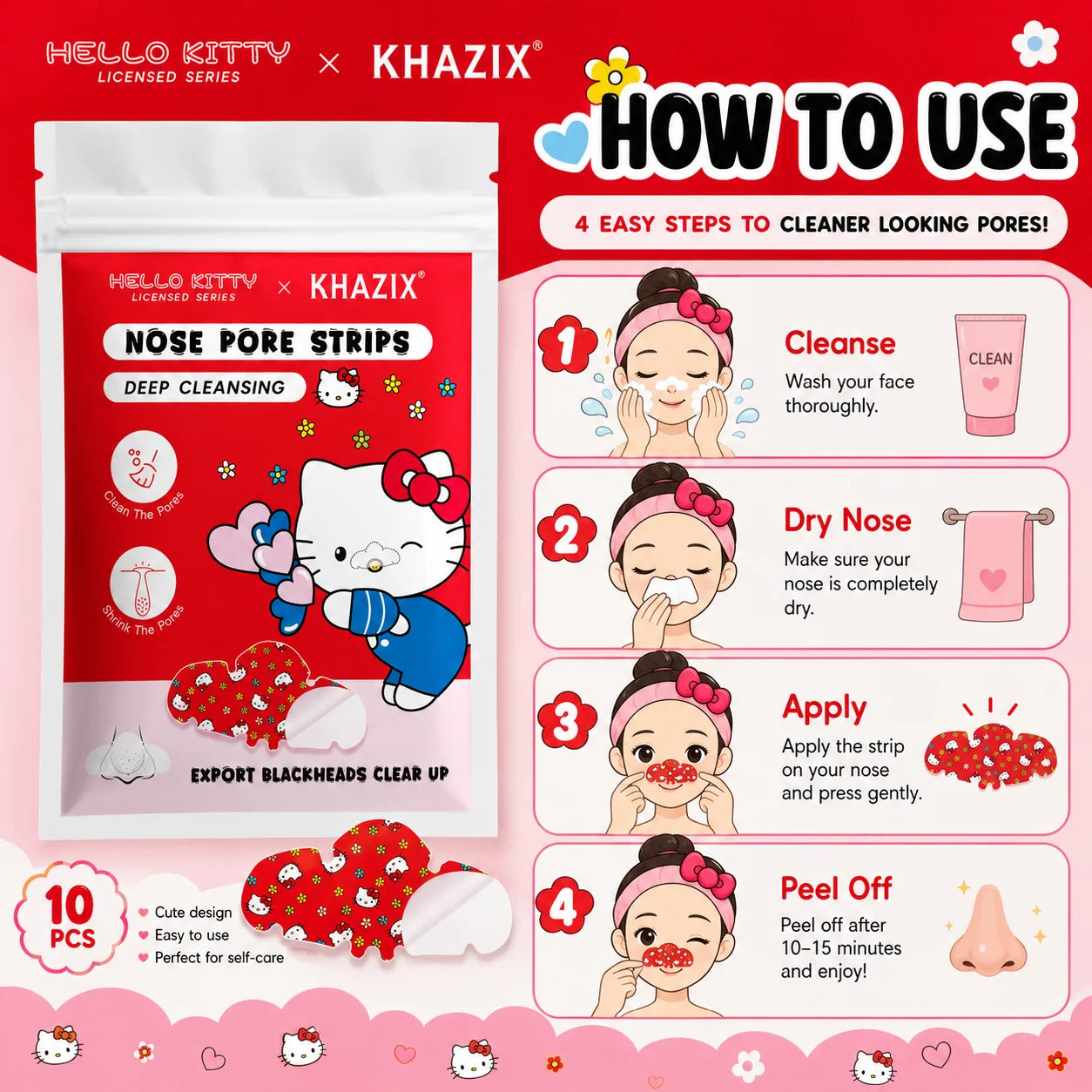 10pcs Hello Kitty Nose Pore Strips 10PCS Cute Cartoon Design Nose Stickers Kawaii Beauty Care Gift for Women