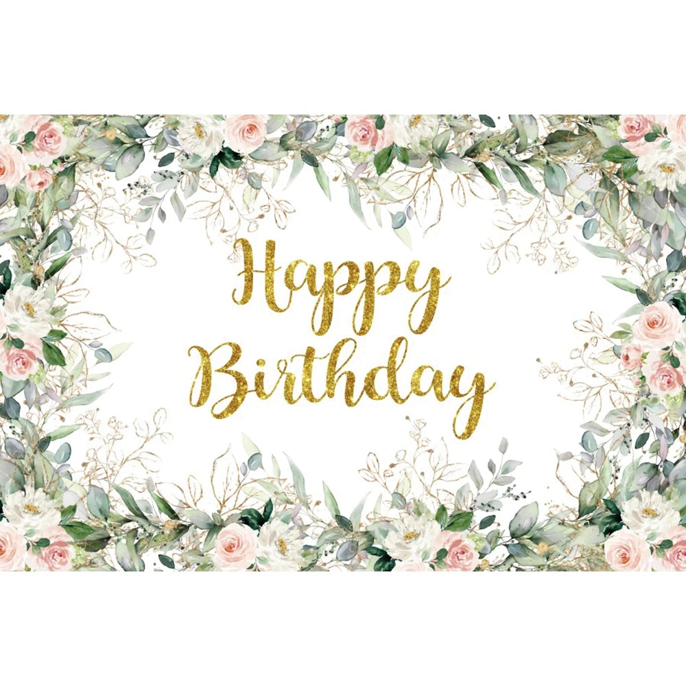 Happy Birthday Backdrop Gold Frame Frame Flower Butterfly Baby Shower Adult Anniversary Birthday Party Photography Background