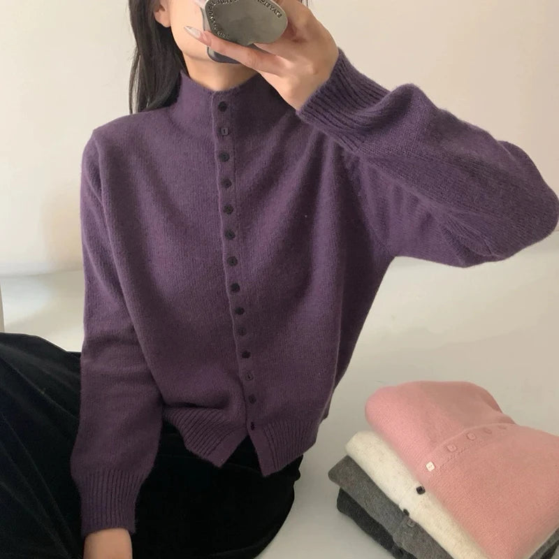 Women Stand Collar Button Down Knit Cardigan Sweater Korean Style Casual Knitwear Solid Color Soft Knitted Top for Autumn Winter