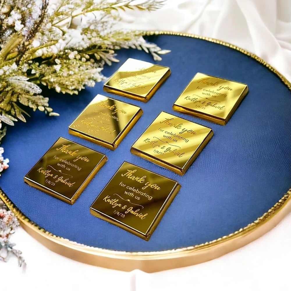 Personalized Tag Engraved Gold Mirror Acrylic Square Custom Place Cards Chocolate Sign Baby Shower Laser Cut Name Guest Gift