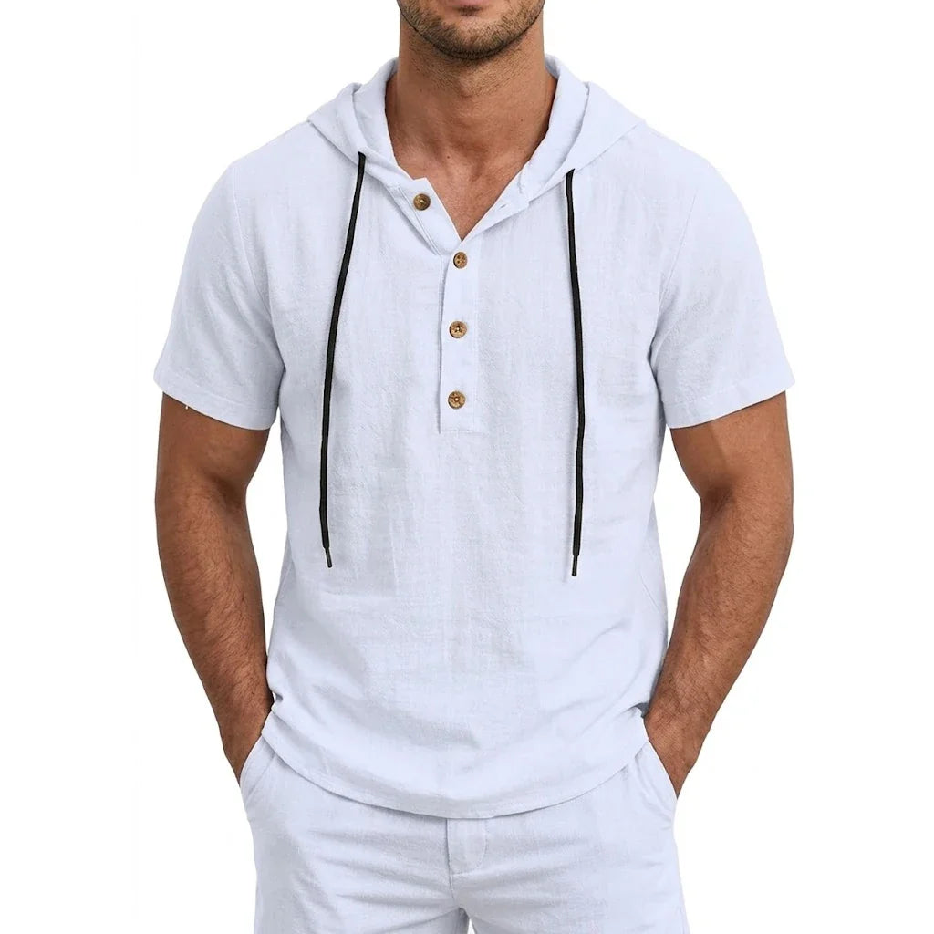 Summer Mens Linen Hooded Shirts for Men Lightweight Short Sleeve Casual T-Shirts Button Cotton Hoodie Hawaiian T Shirts for Men