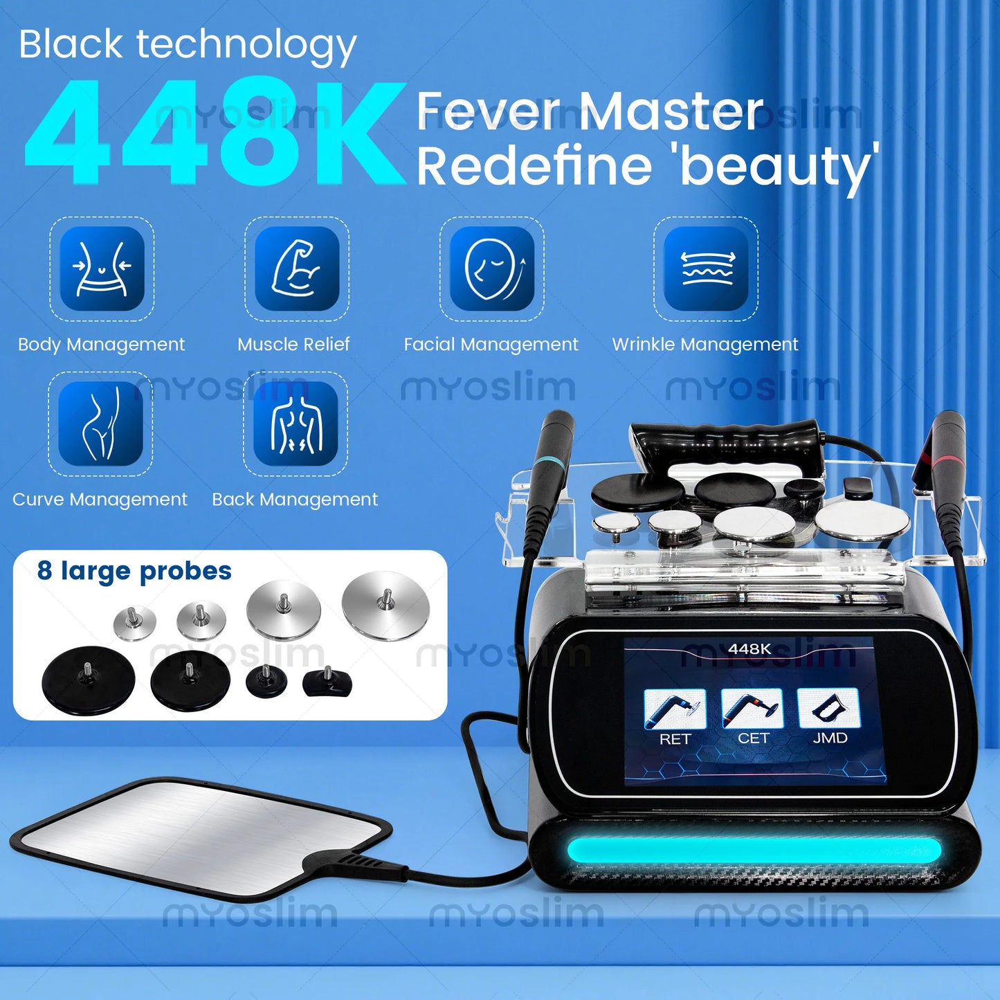 448KHz Professional RF Beauty Machine 3 Handles 8 Probes Skin Firming Cellulite Reduction Back Abdomen Thighs Device