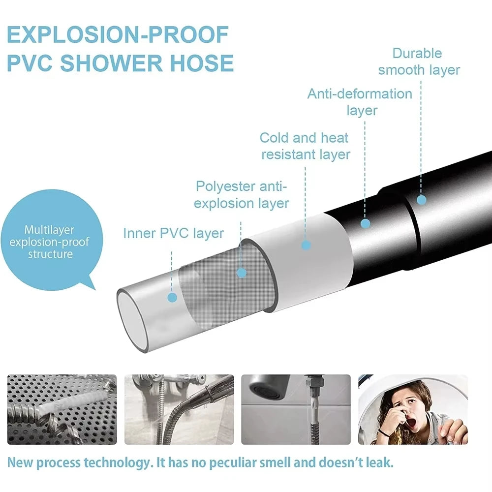 High Pressure Silver/Black Smooth PVC Bathroom Shower Hose 360° Rotation Flexible Hand Held Shower Head
