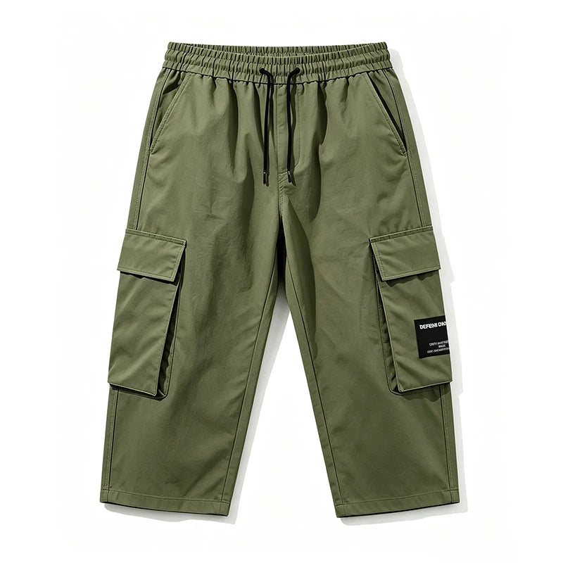 Men 7/8 Length Cargo Capri Pants Drawstring Elastic Waist Large Capacity Flap Side Cargo Pockets Daily Outdoor Casual Trousers