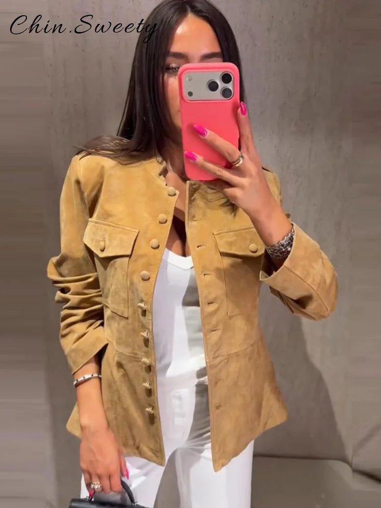 Elegant Women's Suede Short Jacket Slim Waist Cinched Stand Collar Long Sleeve Single Breasted Coats 2026 Autumn Lady Jackets