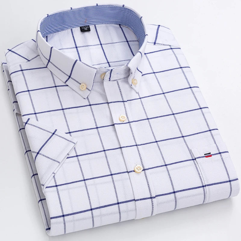 Plus Size 7XL Summer Short Sleeve Shirt 100%Cotton Shirts for Men White Plaid Striped Social Slim Fit Formal Business Clothing