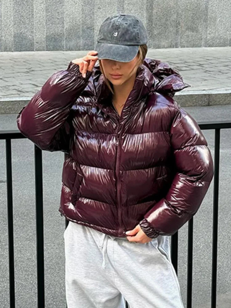 Women Solid Hooded Glossy Padded Jacket Long Sleeve Stand Zipper Fluffy Warm Coat Autumn Winter 2025 Chic Casual Street Jackets