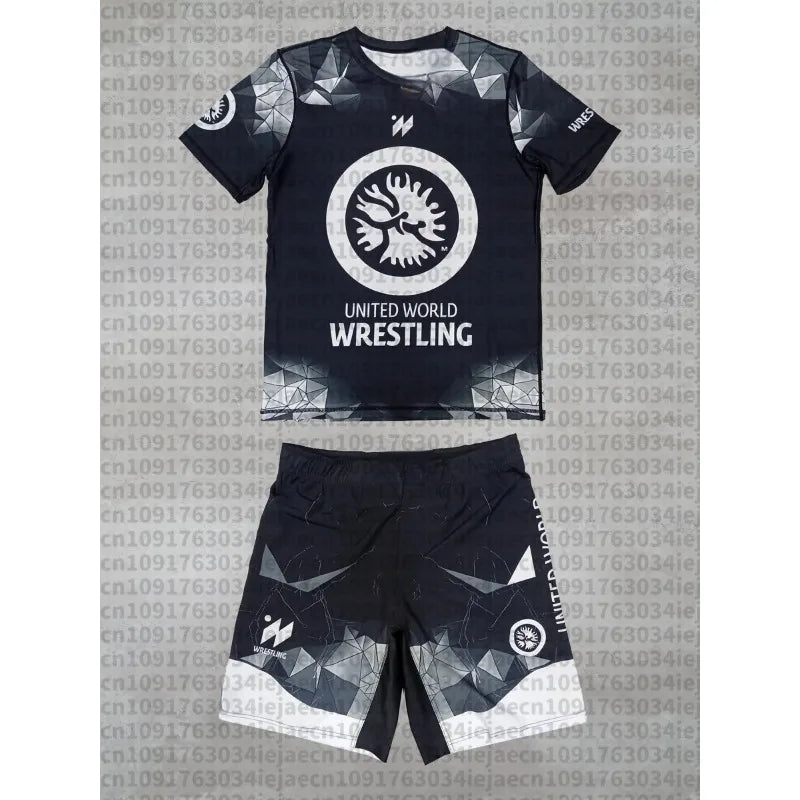 2026 New Summer Men United World Wrestling Sportswear Set Short Sleeve T Shirt and Shorts for MMA Training Lightweight