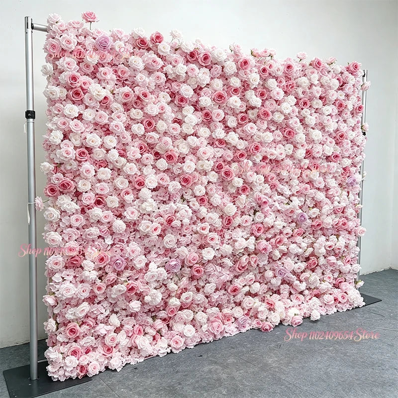 8ft/3.2ft Pink Flower Wall Artificial Silk Rose Backdrop For Wedding Decor Party 5D Floral Wall Roll Up Hanging Event Props