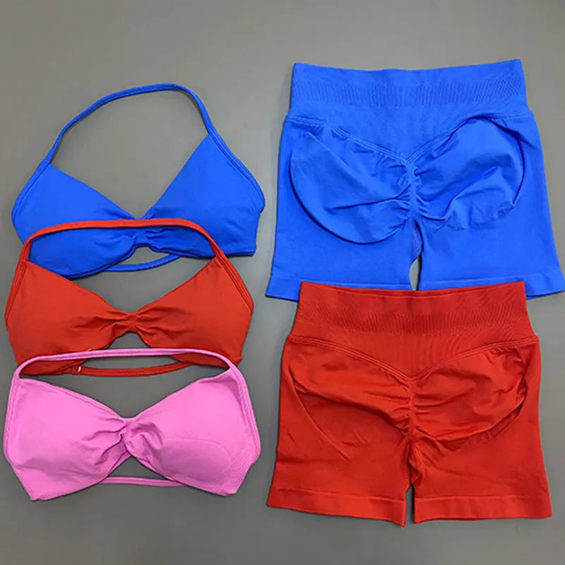 Women Yoga Set Ruched Sports Bra High Waist Shorts 2 Piece Workout Outfit Gym Fitness Activewear Seamless Training Set