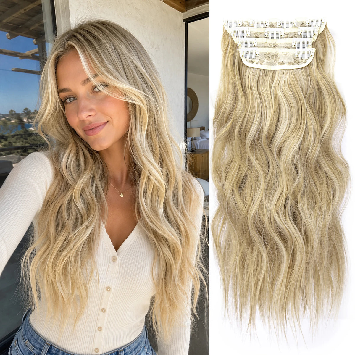 4Pcs/Set 20Inch Synthetic Hair Clip In Long Wavy Thick Hairpieces For Women Full Head Synthetic Hair Extensions Ombre Hairpieces