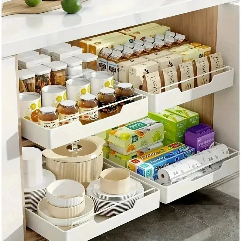 Under Sink Cabinet Pantry Storage Tray Rack Sliding Pull Out Drawer Organizer Space Saving Kitchen Storage Shelf Household Stora