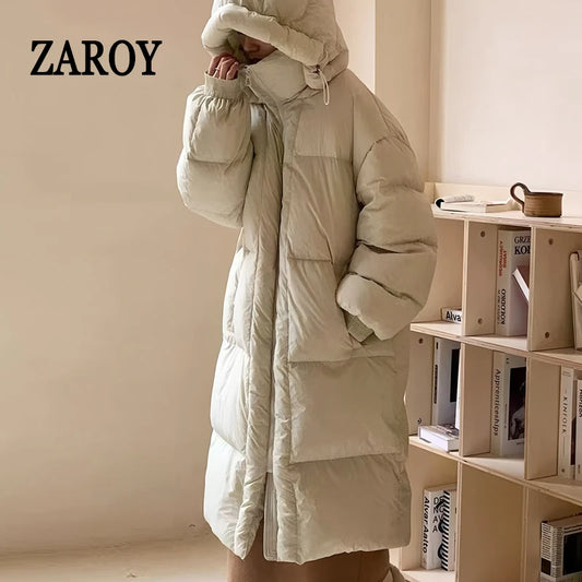 ZAROY Пуховики 2026 New Outwear Winter Thicken Warm Women Long Jacket Hooded Loose Korea Casual Down Coat Puffer Parkas