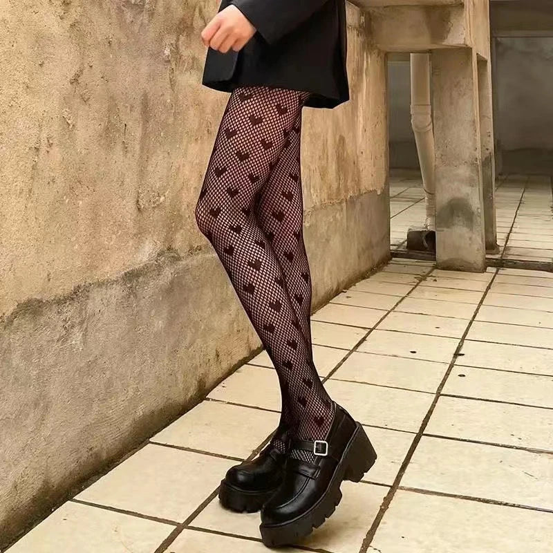 Gothic Tights Women Leggings Lolita Hollowed Out Mesh Stockings Japanese Bottomed Lace Pantyhose Floral Rattan Black Stocking