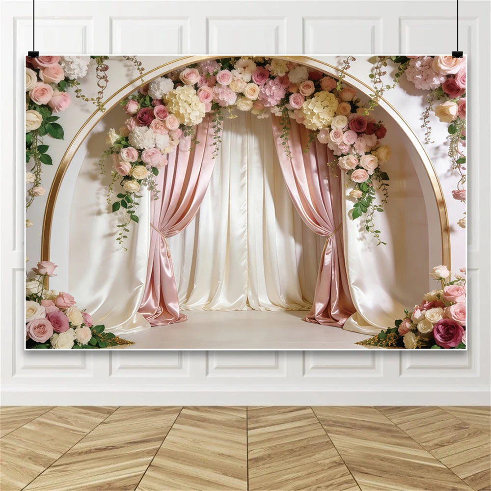 Pink Floral Wedding Backdrop Rose Arch Satin Drapery Photography Background for Bridal Shower Ceremony Photo Booth Decor