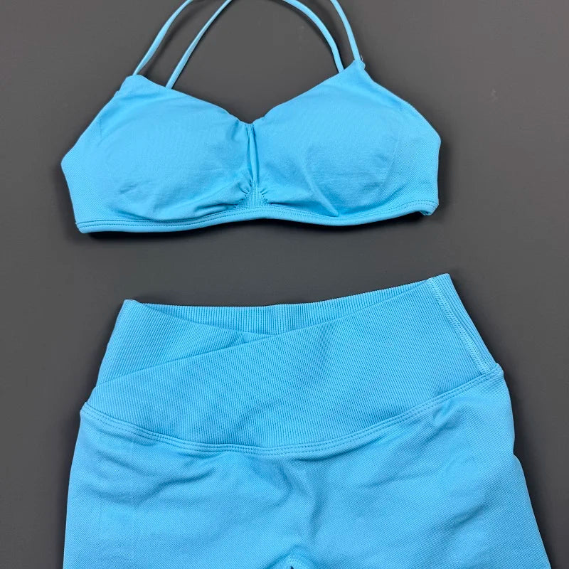 2 Piece Yoga Set Women Criss‑Cross Back Straps Bralette Crossover Waist Yoga Shorts Buttery-Soft Gym Training Workout Activewear