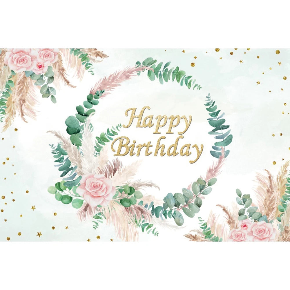 Happy Birthday Backdrop Gold Frame Frame Flower Butterfly Baby Shower Adult Anniversary Birthday Party Photography Background