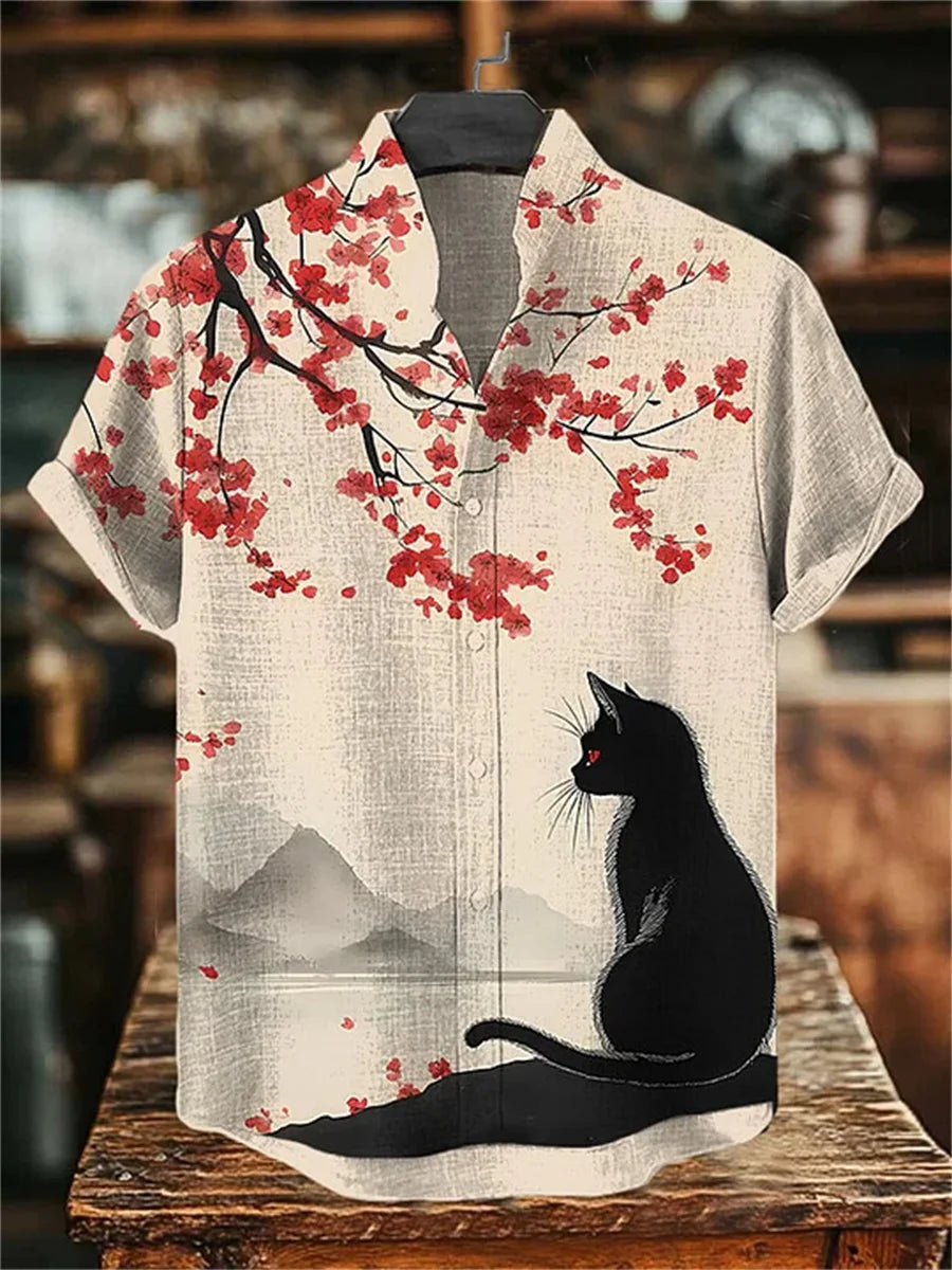 Men's short-sleeved shirt with a fun cat print, stand-up collar, single-breasted casual style. Hawaiian shirt, men's unique top.