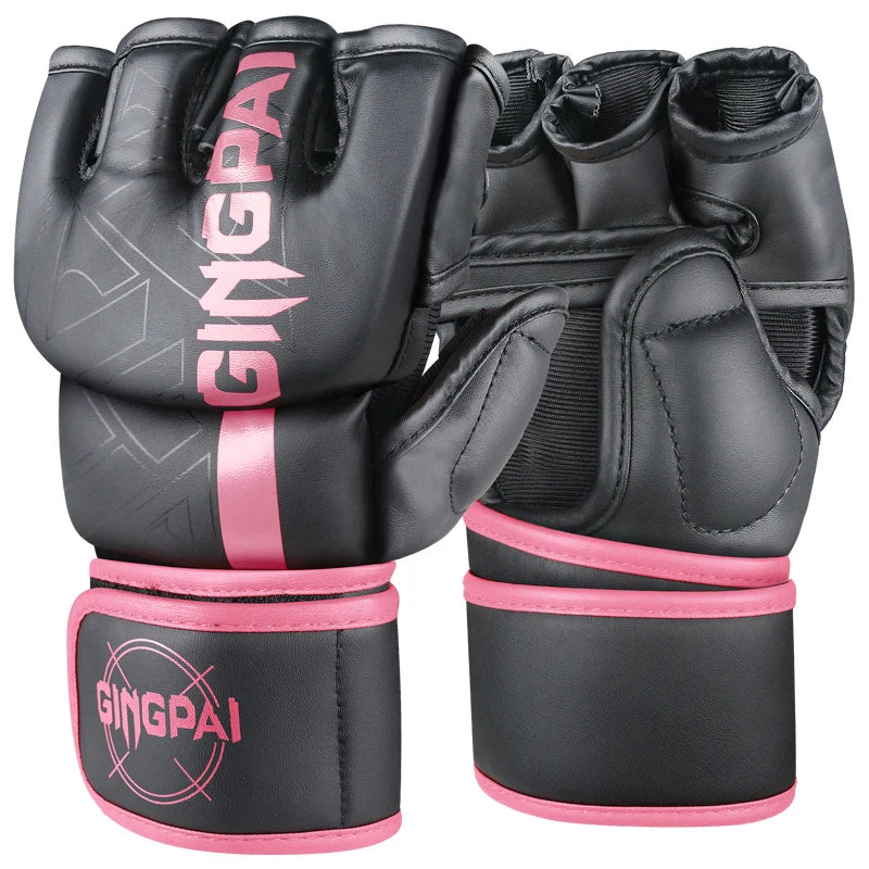 GINGPAI Half Finger Boxing Gloves PU Leather MMA Fighting Kick Boxing Gloves Karate Muay Thai Training Workout Gloves Men