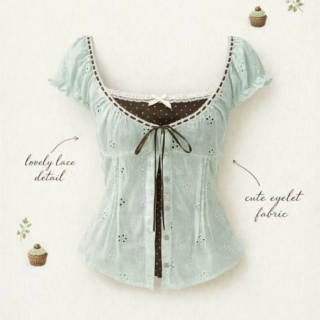 Kawaii Lolita Fake Two Piece Shirts Women Slim Elegant Lace Bow Tees Japanese Harajuku Y2K Sweet Cute Blouse Street Daily Outfit