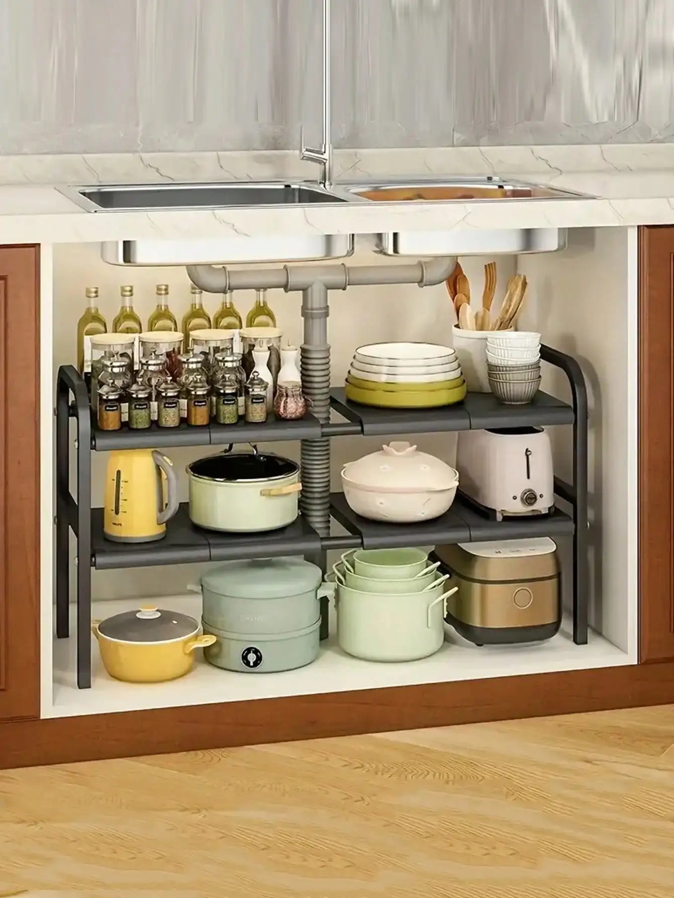 1pc Under Sink Organizer 2 Tier Expandable Kitchen Rack Shelf Black Metal Pot Pan Holder With Removable Panels Height Adjustable Cabinet Storage Shelves Rack For Kitchen Bathroom Counter Organization Gift