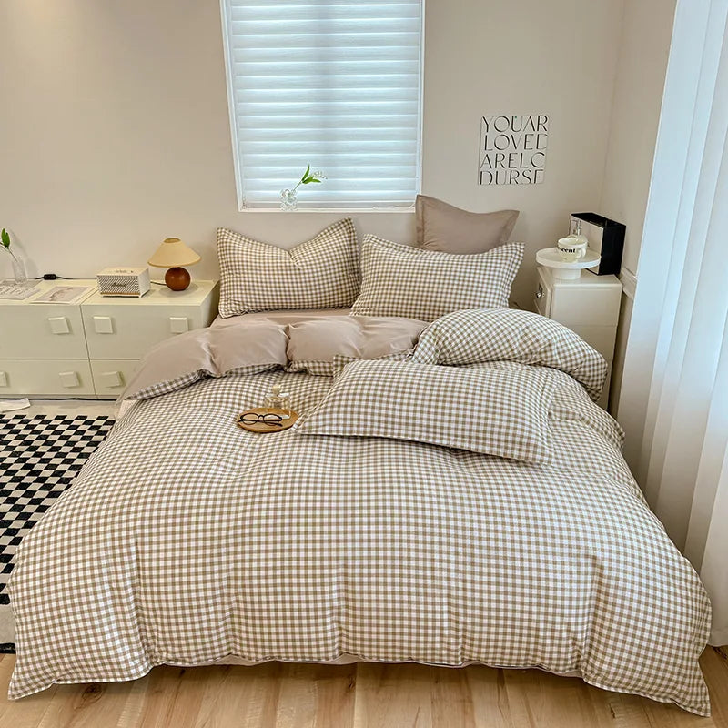 Korean Ins Pink Plaid Duvet Cover Set Queen King Bowknot Print Bedding Set Skin Friendly Soft Comforter Cover Sheets Pillowcases