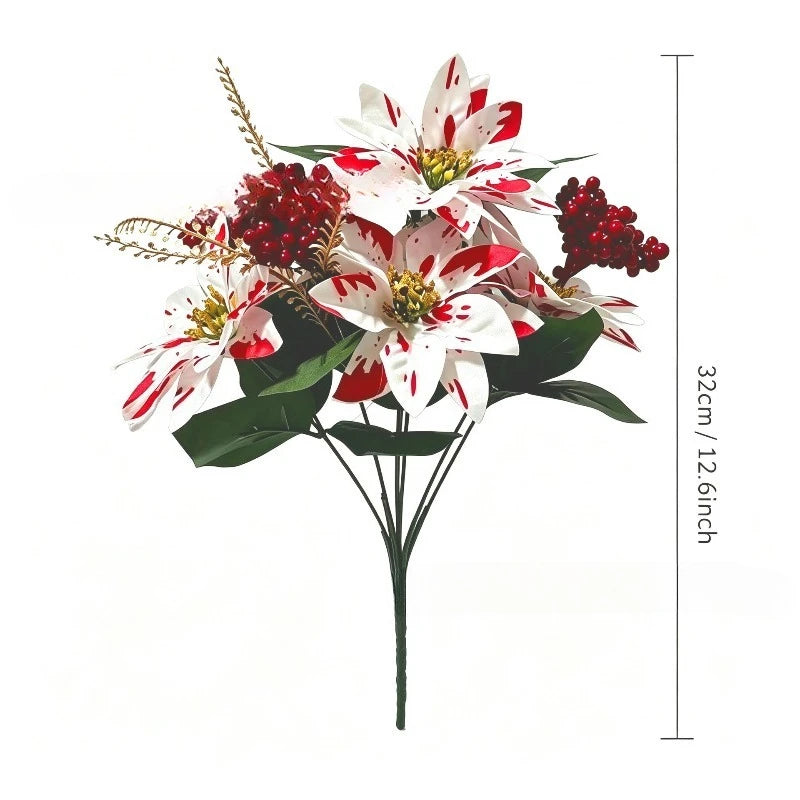 Christmas Red and White Poinsettia Bouquet Artificial Flower Holiday for Fireplaces Stair Railings Dining Tables Xmas Tree Decor