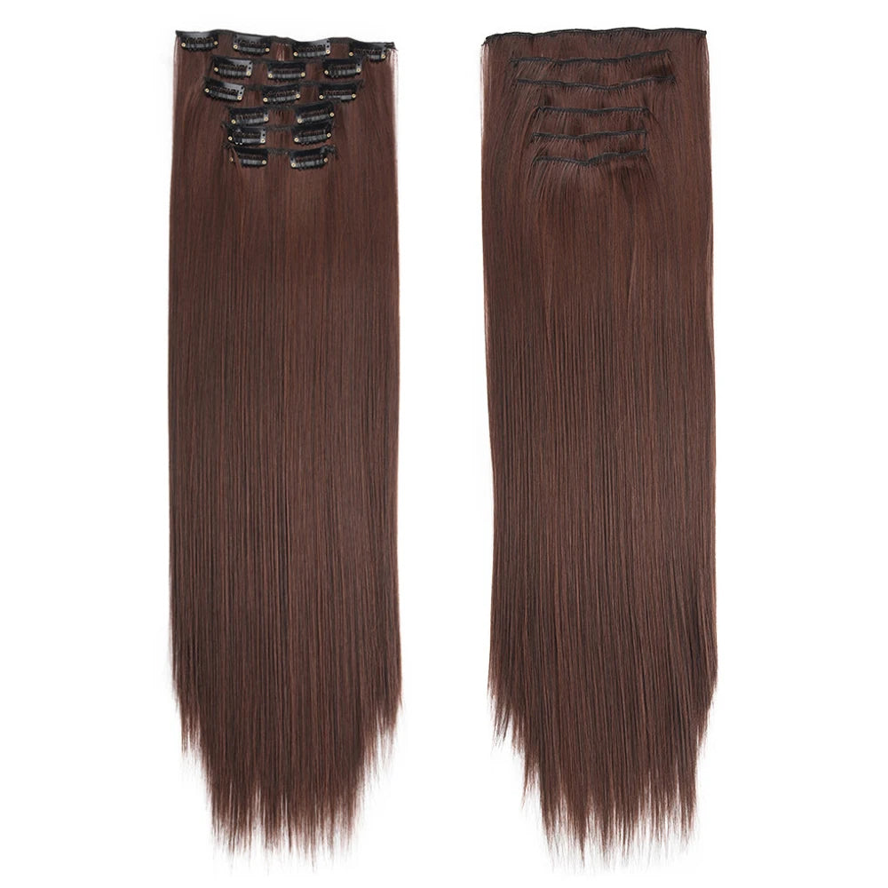 16 Clips in Hair Extensions 24Inchs Long Straight Hairstyle Synthetic Blonde Black Hairpieces Heat Resistant Fake Hair 6Pcs/Set