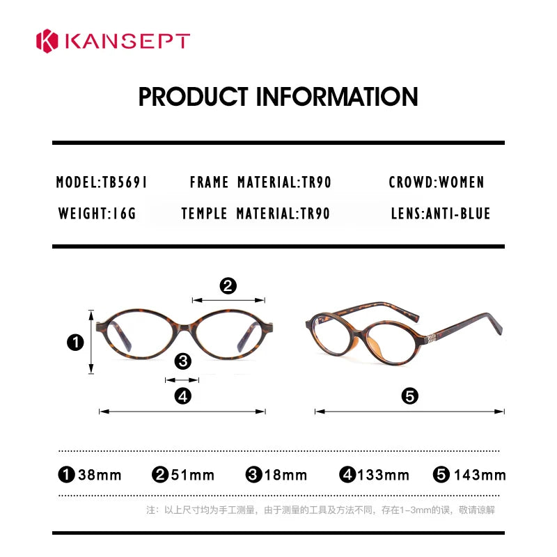 KANSEPT Women's Eyeglass Frame Optical Lenses Grade Glasses Prescription for Eyepieces in Trend Anti-Glare Lenses and Blue Light