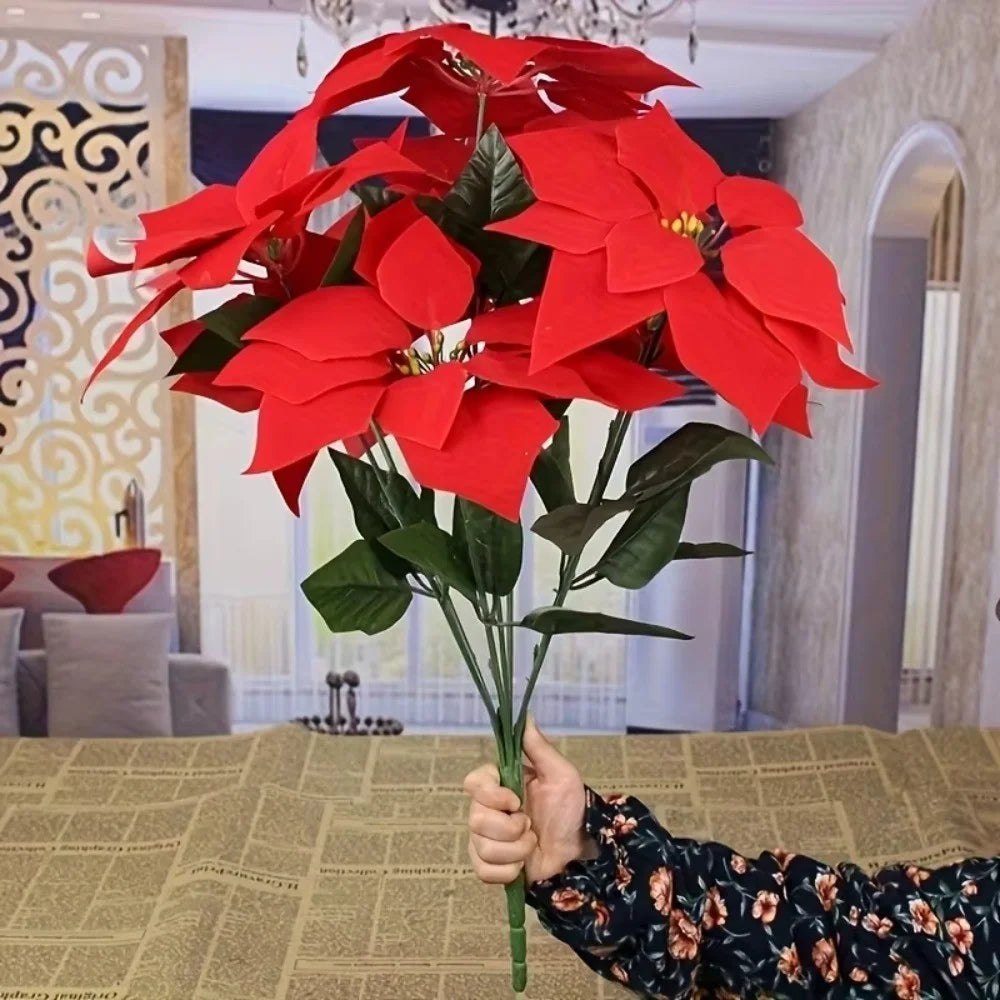 7‑Heads Red Christmas Poinsettia Artificial Flowers, Xmas Home Party Decoration for Holiday Display