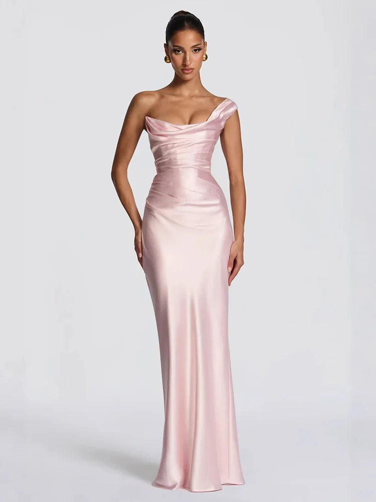 Rinabe Solid Cinched Waist Dress One Shoulder Satin Low Chest Evening Gown Ruched Backless Sexy Back Lace Up Chic Party Dresses