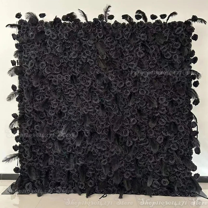 5D Black Rose 8ft X 8ft Feathers Wall Roll Up Backdrop for Wedding Decor Hanging Ivory Artificial Silk Pink Flower Wall Party