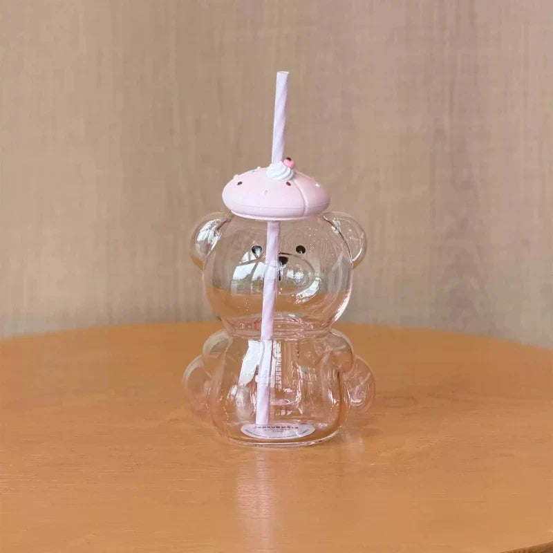660ml Cute Bear Shaped Starbucks Glass Tumbler, Sweet Dessert Silicone Cover & Pink Straw, Clear Beverage Cup For Daily Use