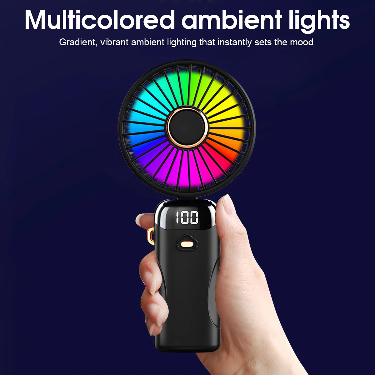 USB Rechargeable Handheld Fan 1200mAh 6 Speeds Foldable LED Light Blade Portable Mini Fan Personal Cooler for Home Gift
