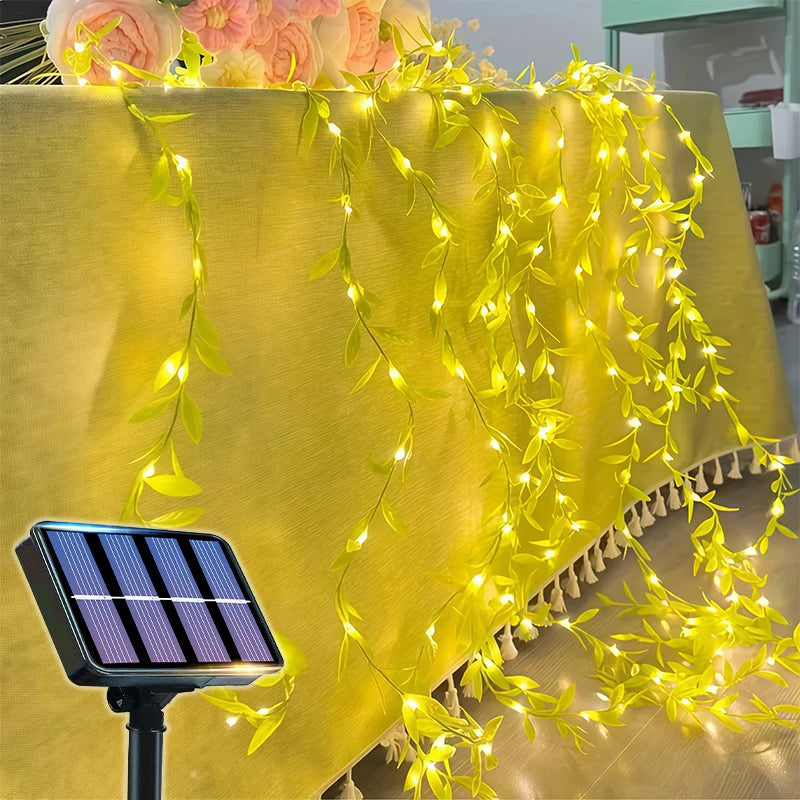 50/100LED Green Fairy Lights with Solar-Powered Artificial Ivy Leaves Featuring 8 Modes for Garden Wedding Christmas Decoration