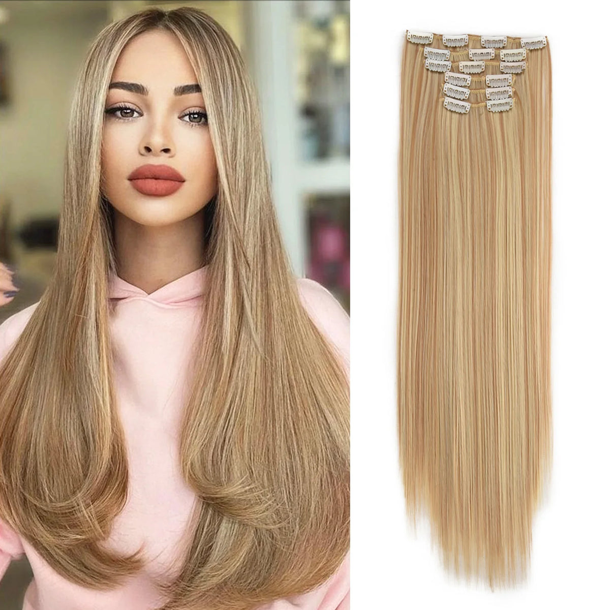 Synthetic Clip In Hair Extensions 6PCS Hair Extensions 24 Inch Long Straight 16 Clip On Hairpieces For Women Girls