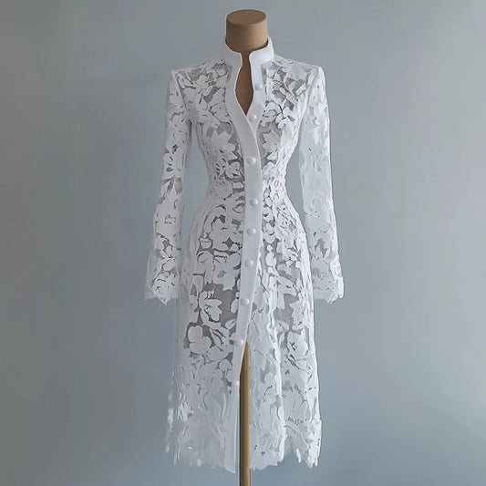 Women's Floral Lace Hollow Out Elegant Dress Solid Single-breasted Stand Collar Sweet Long Sleeve Cardigan Outwear Midi Dresses