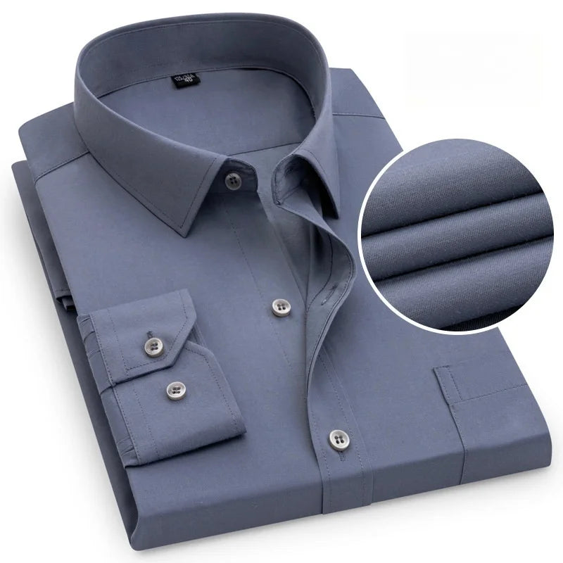 Men Formal Shirt Long Sleeve Office Solid Color Fashion Business Pocket Social Office Blue White Shirts Men's Clothing S-5XL