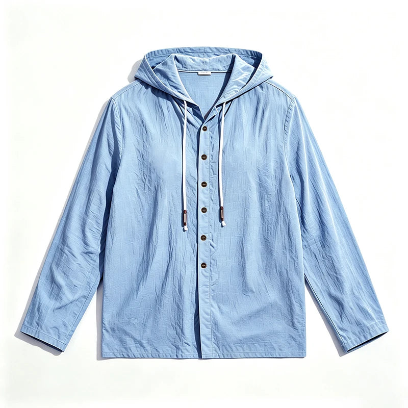 2026 New Men Cotton Linen Hooded Long Sleeve Shirt Drawstring Hood Casual Beach Vacation Travel Daily Walking Button Down Blouse