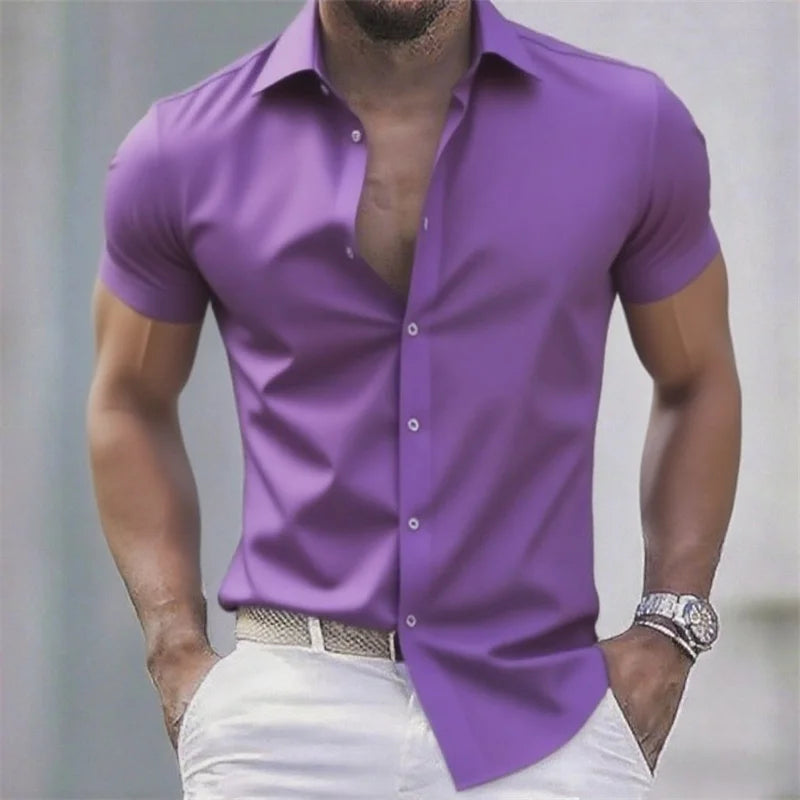 Solid color men's casual shirt, fashionable casual short sleeve stretch fabric, business formal shirt, comfortable fabric